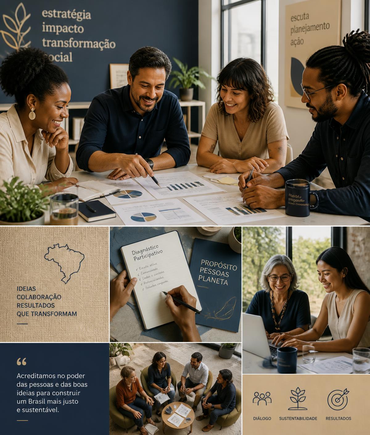 Equipe de consultoria da JQC Soluções analisando projetos sociais e planilhas de captação de recursos