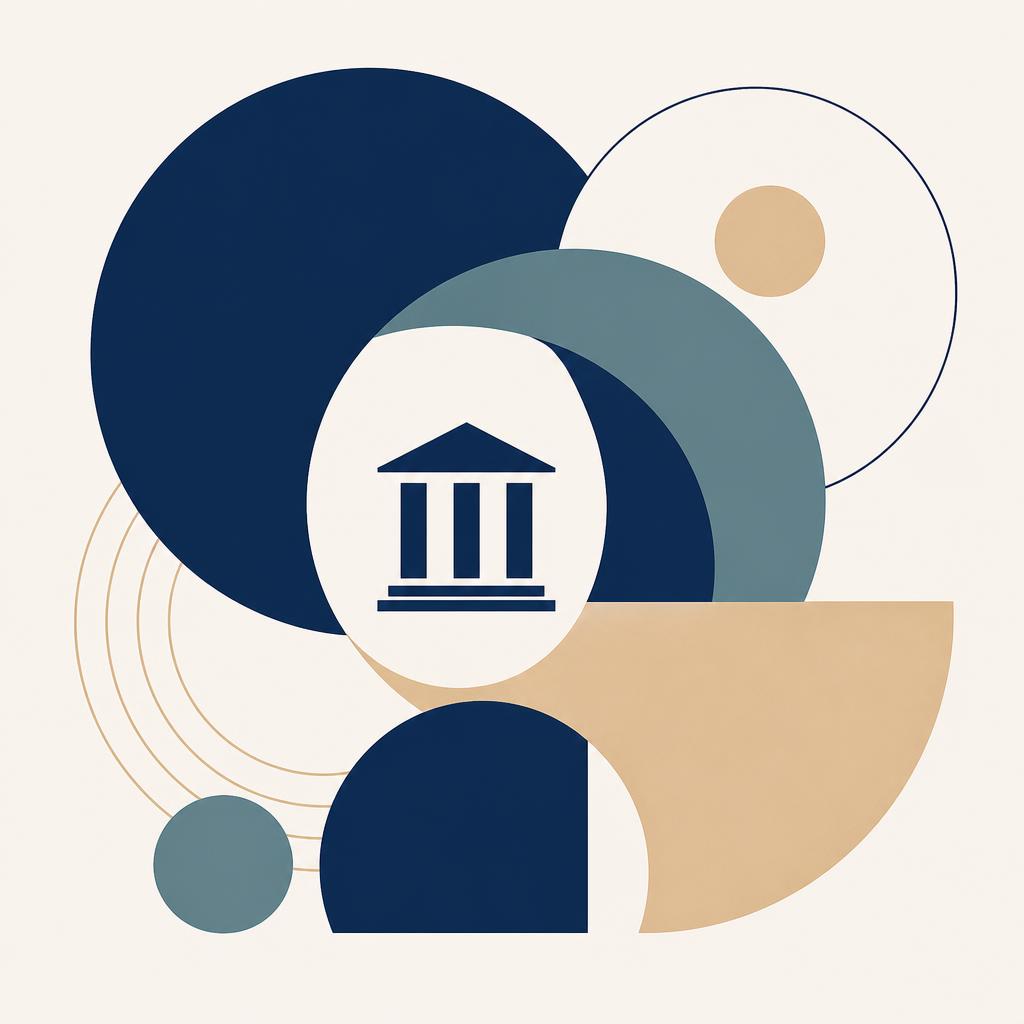 Ilustração institucional em formas geométricas azuis e areia representando a identidade da JQC Soluções